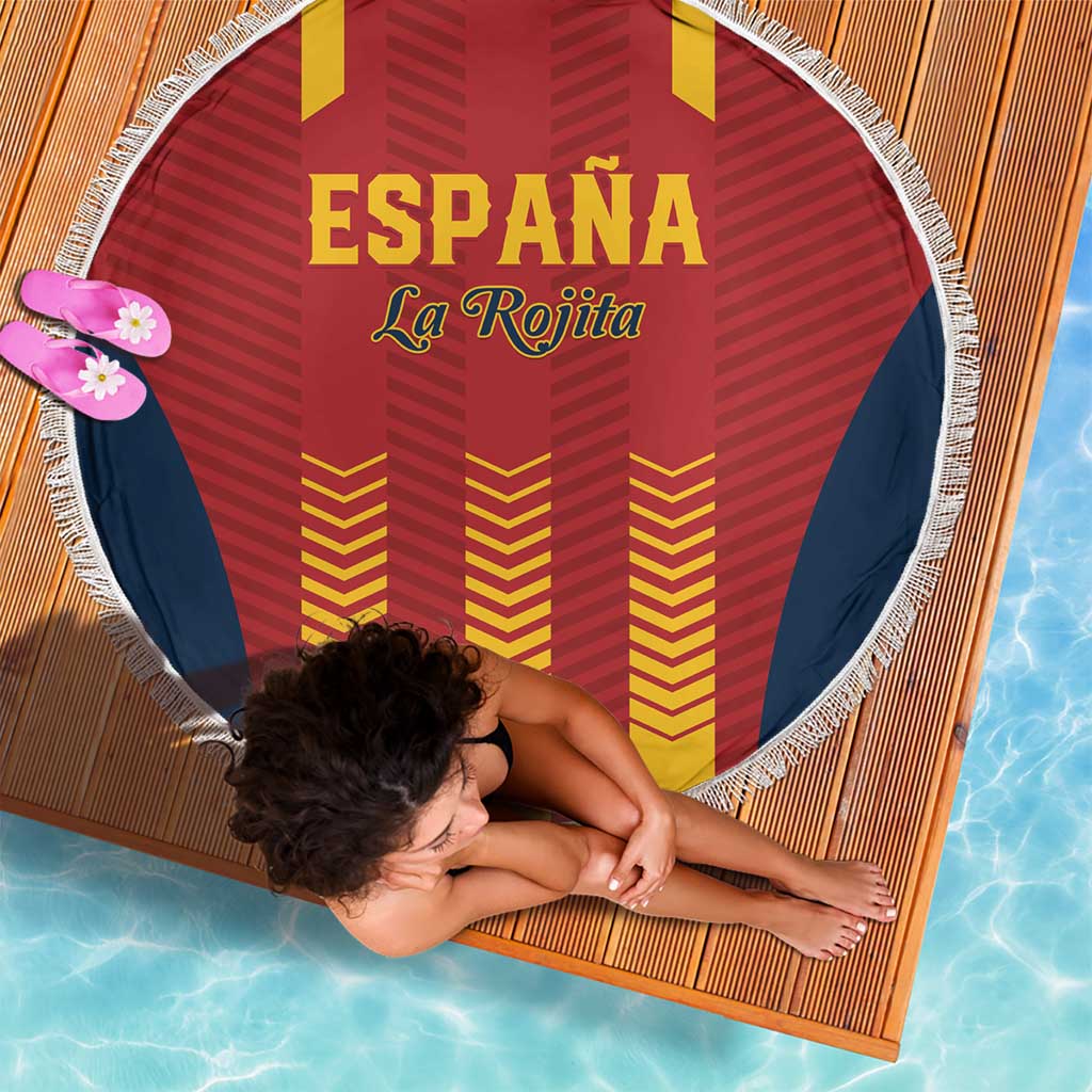 Round Spain football beach blanket with fringe, red and yellow La Rojita print