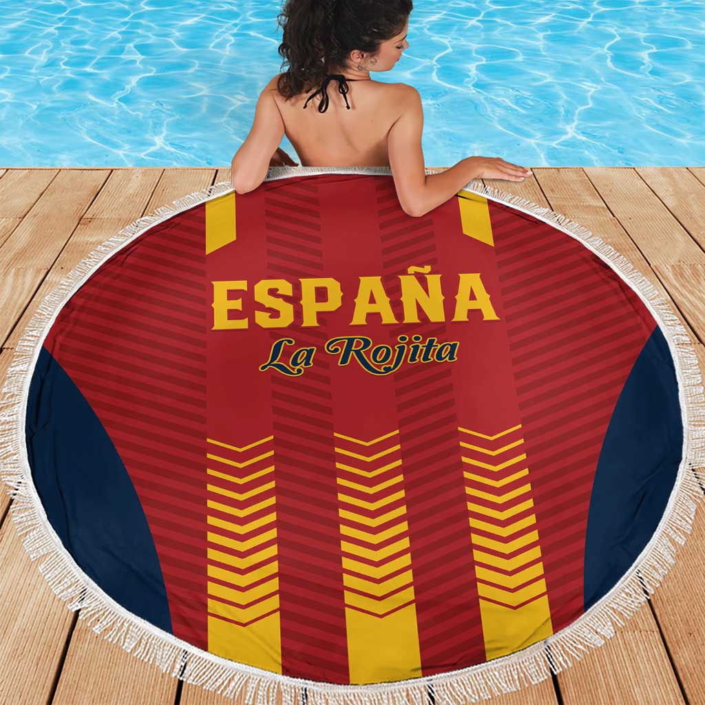 Round Spain football beach blanket with red, yellow, and navy graphic design