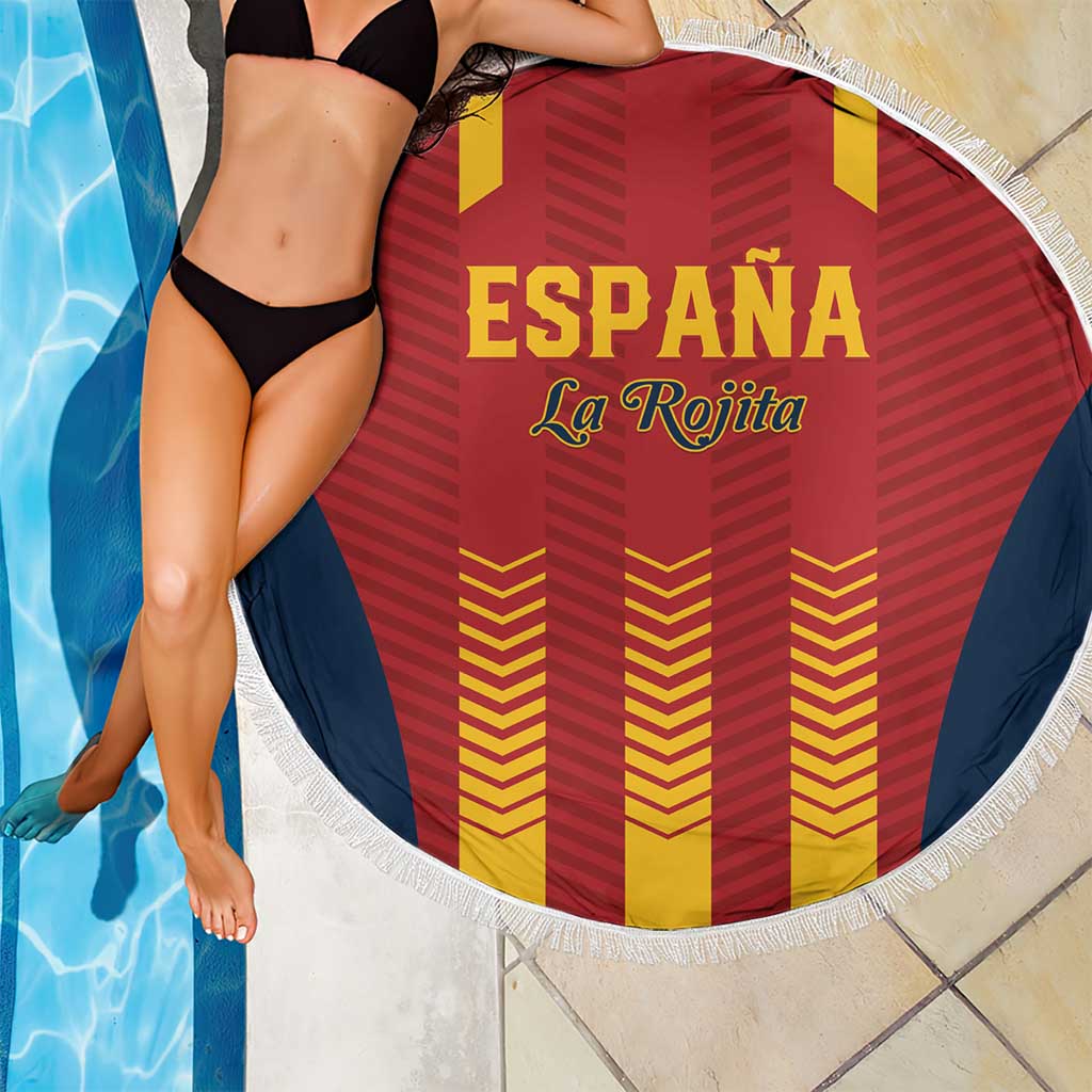 Round Spain beach blanket in red with yellow stripes and fringe