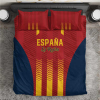 Spain football bedding set with red, navy, and yellow striped duvet and pillows