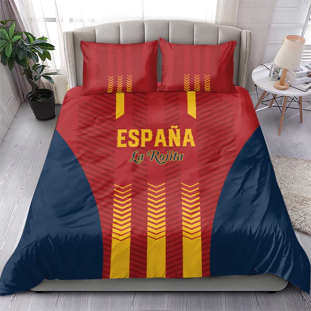 Football bedding set with Spain graphic, red, yellow, and navy stripes