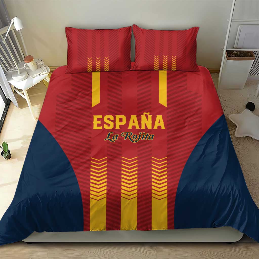 Spain football bedding set with red duvet cover, matching pillows, and yellow/navy stripes
