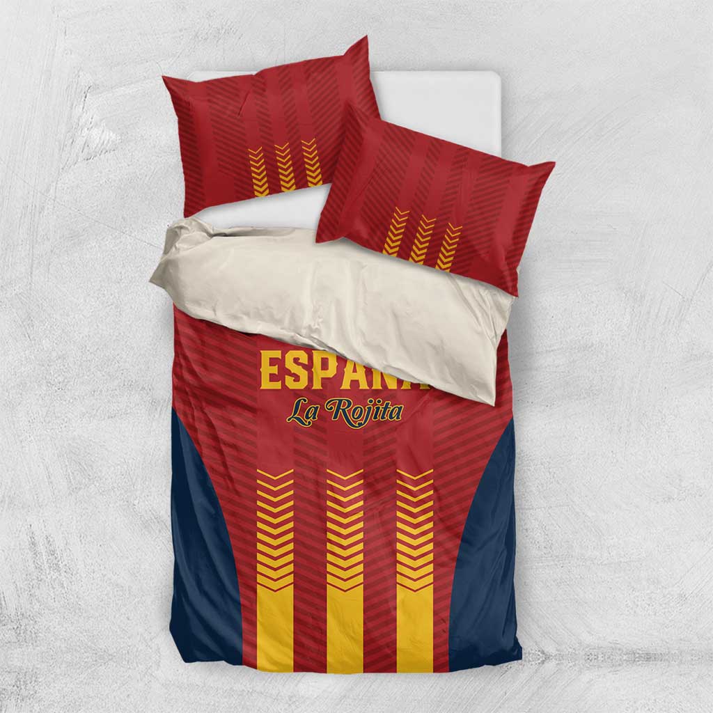 Spain football bedding set with red, navy, and yellow striped duvet cover and two pillowcases