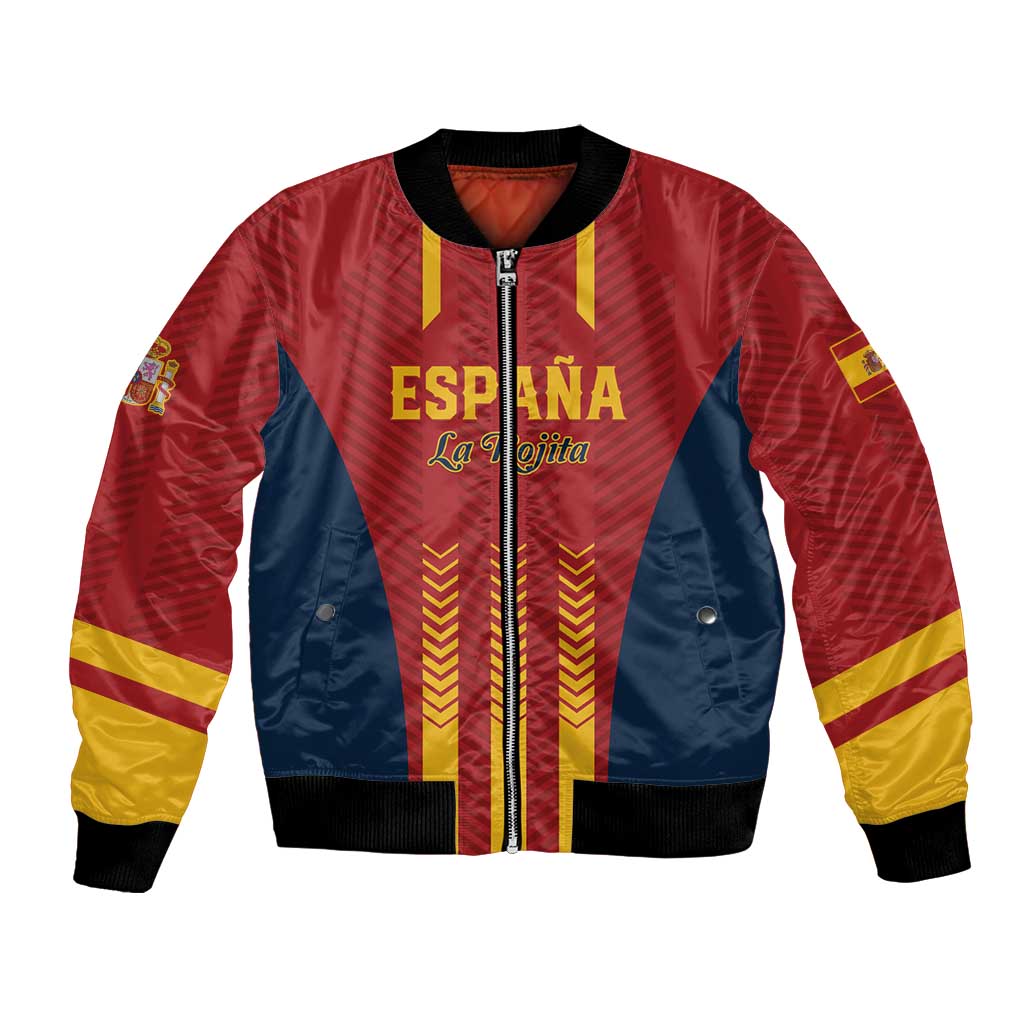 Spain football bomber jacket in red, navy, and yellow with front zipper