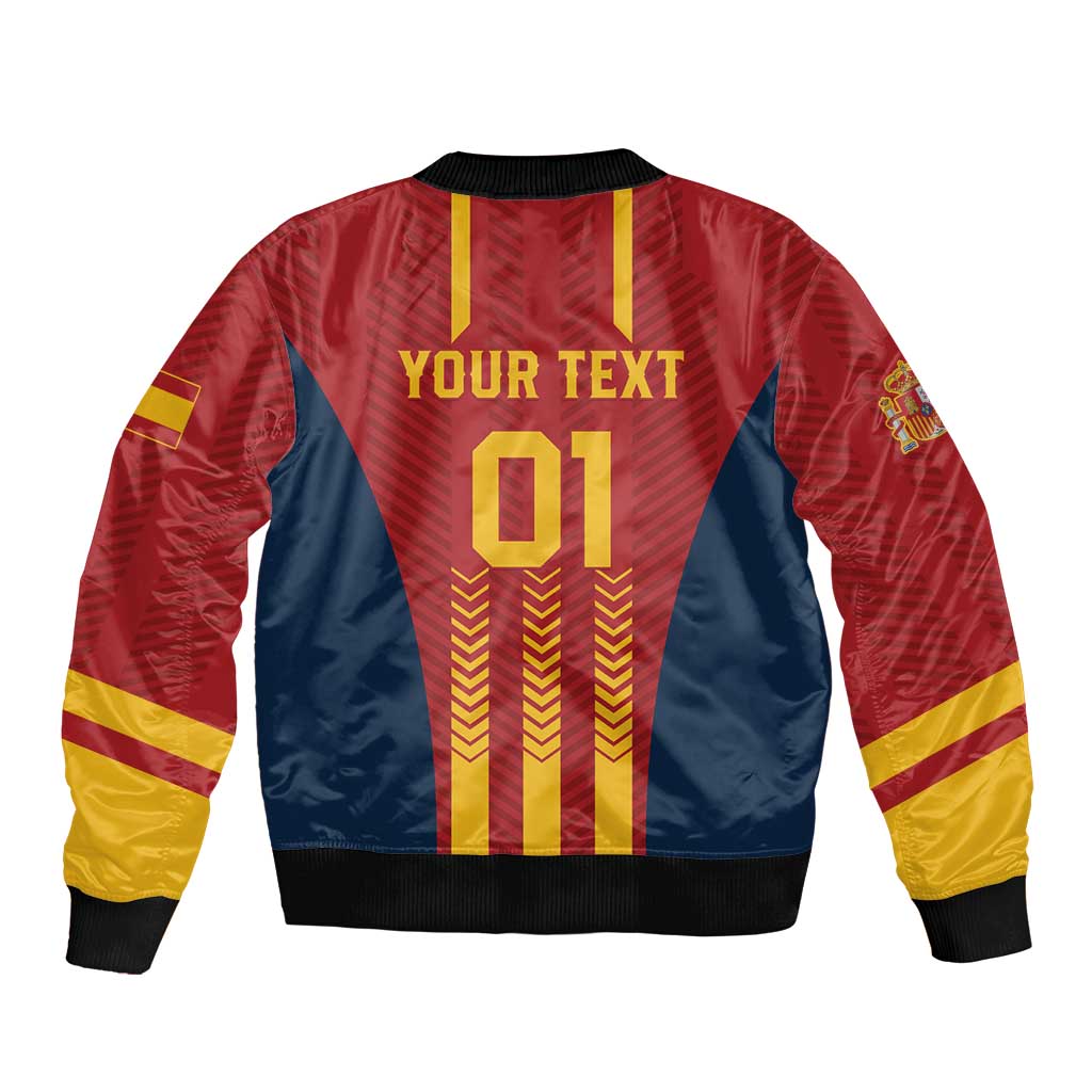 Spain football bomber jacket, zip front, red/yellow/blue panels, back 'YOUR TEXT 01' print