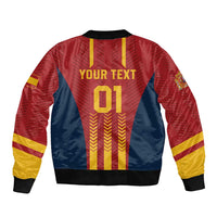 Spain football bomber jacket, zip front, red/yellow/blue panels, back 'YOUR TEXT 01' print