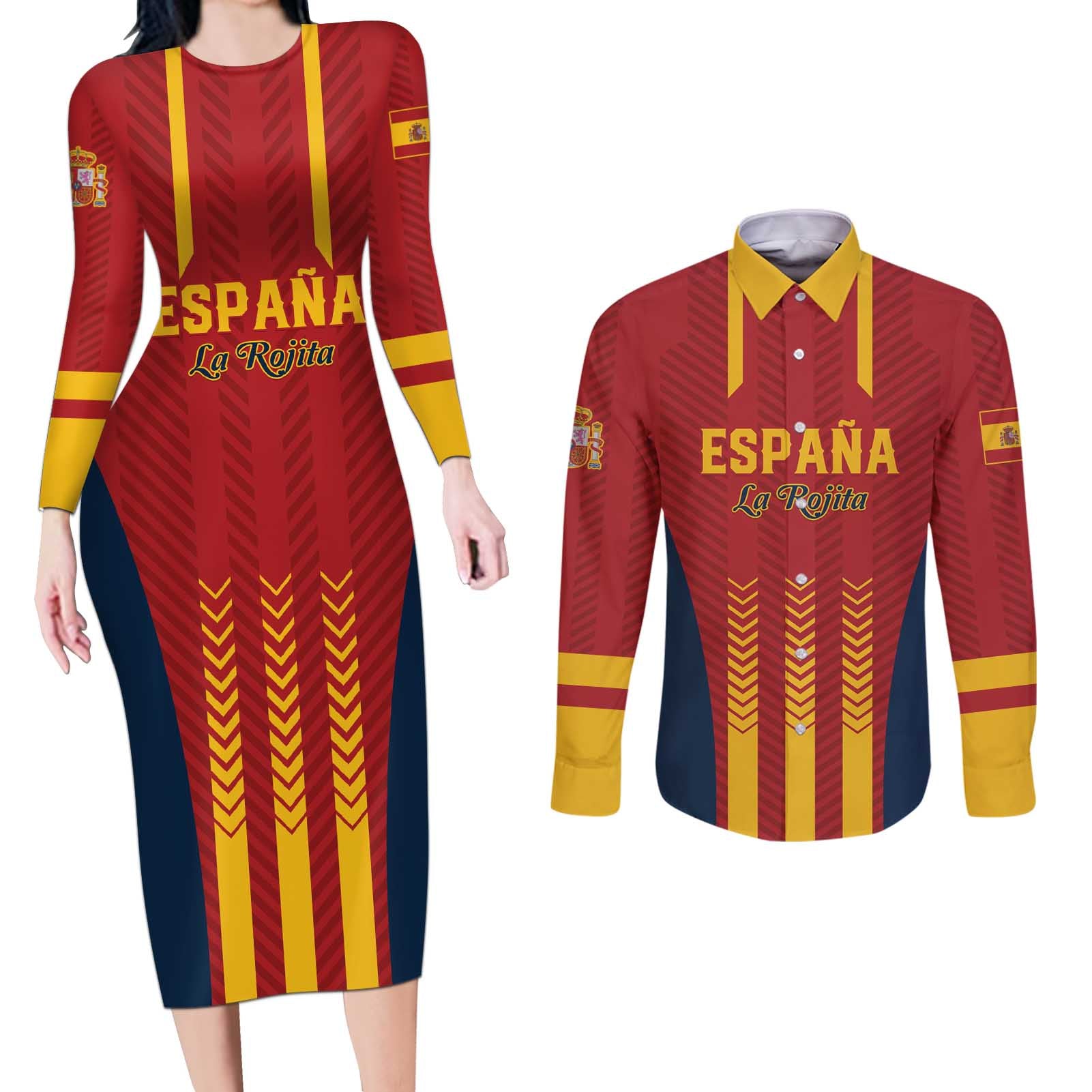 Custom Spain Football Couples Matching Long Sleeve Bodycon Dress and Long Sleeve Button Shirt Go La Rojita - Wonder Print Shop