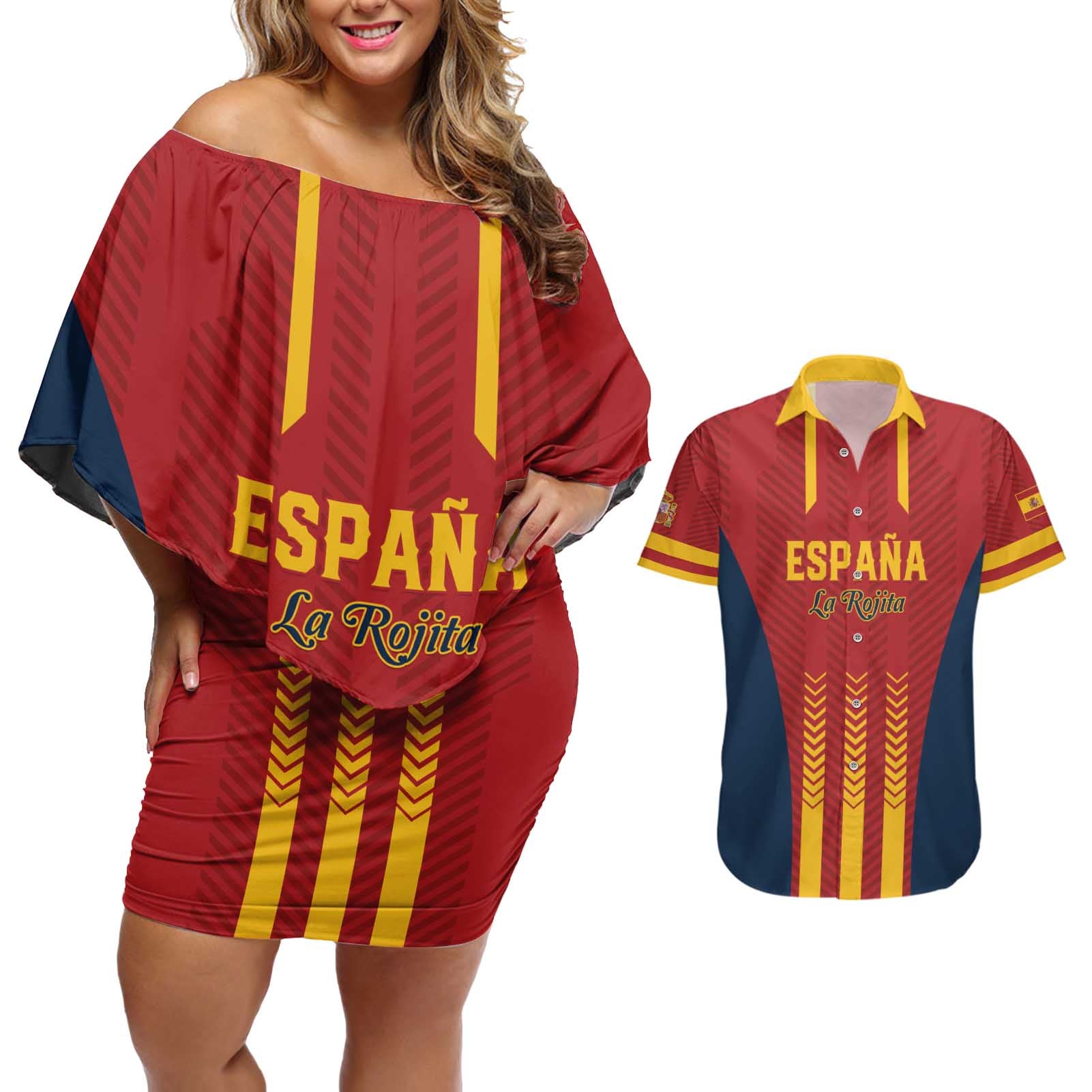 Custom Spain Football Couples Matching Off Shoulder Short Dress and Hawaiian Shirt Go La Rojita - Wonder Print Shop