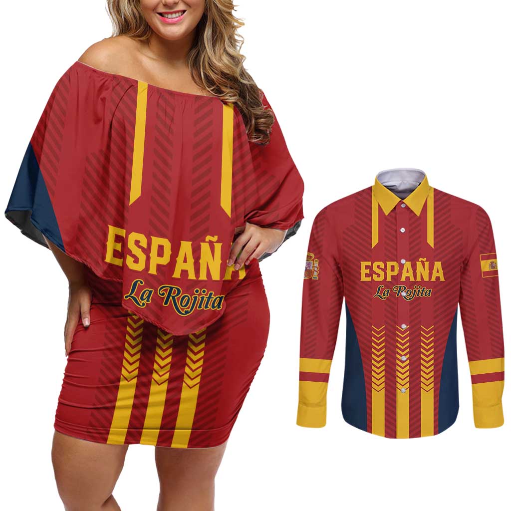 Custom Spain Football Couples Matching Off Shoulder Short Dress and Long Sleeve Button Shirt Go La Rojita - Wonder Print Shop