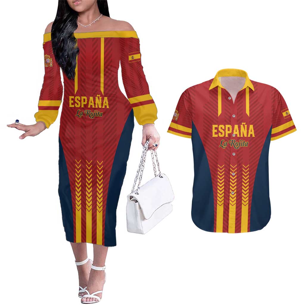 Custom Spain Football Couples Matching Off The Shoulder Long Sleeve Dress and Hawaiian Shirt Go La Rojita - Wonder Print Shop