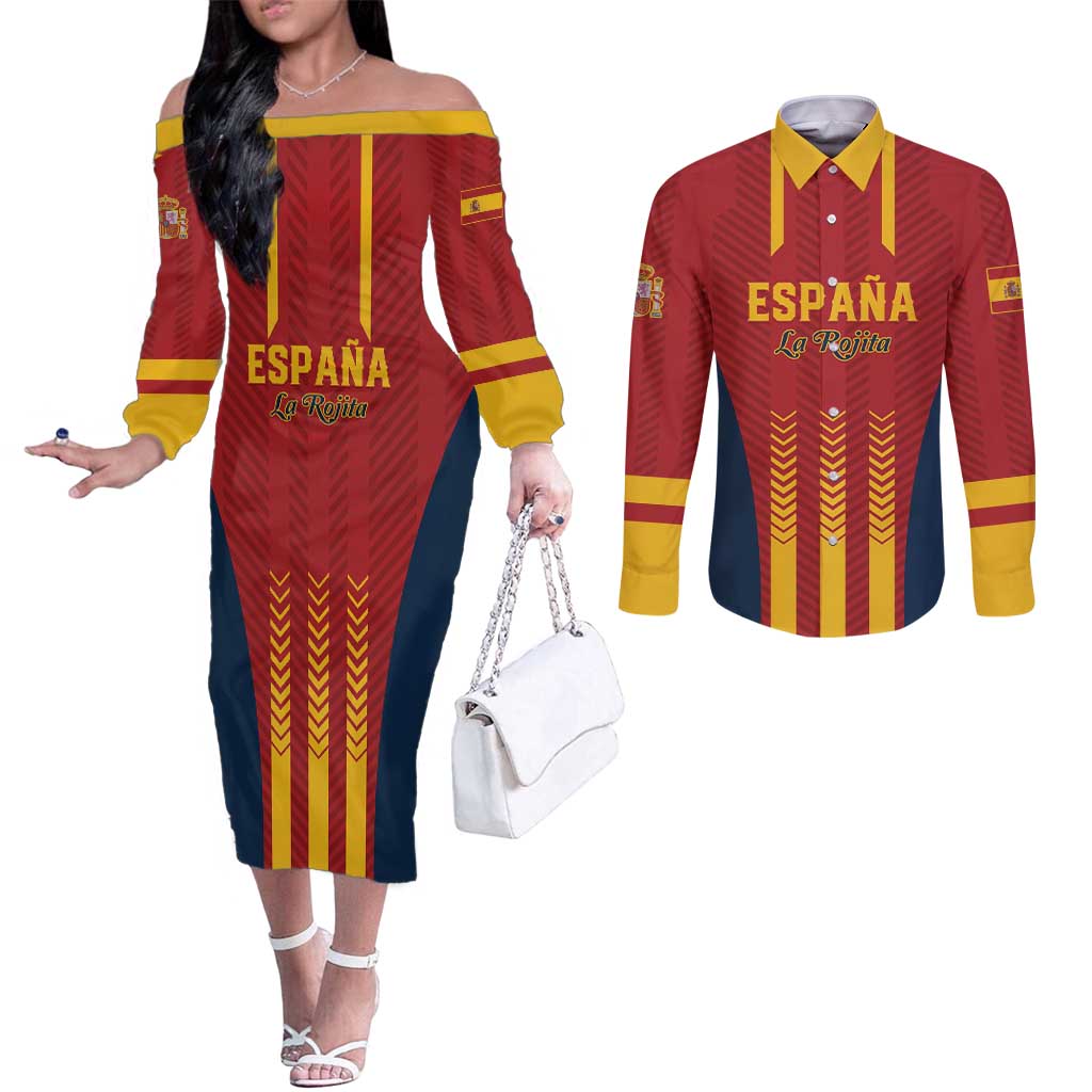 Custom Spain Football Couples Matching Off The Shoulder Long Sleeve Dress and Long Sleeve Button Shirt Go La Rojita