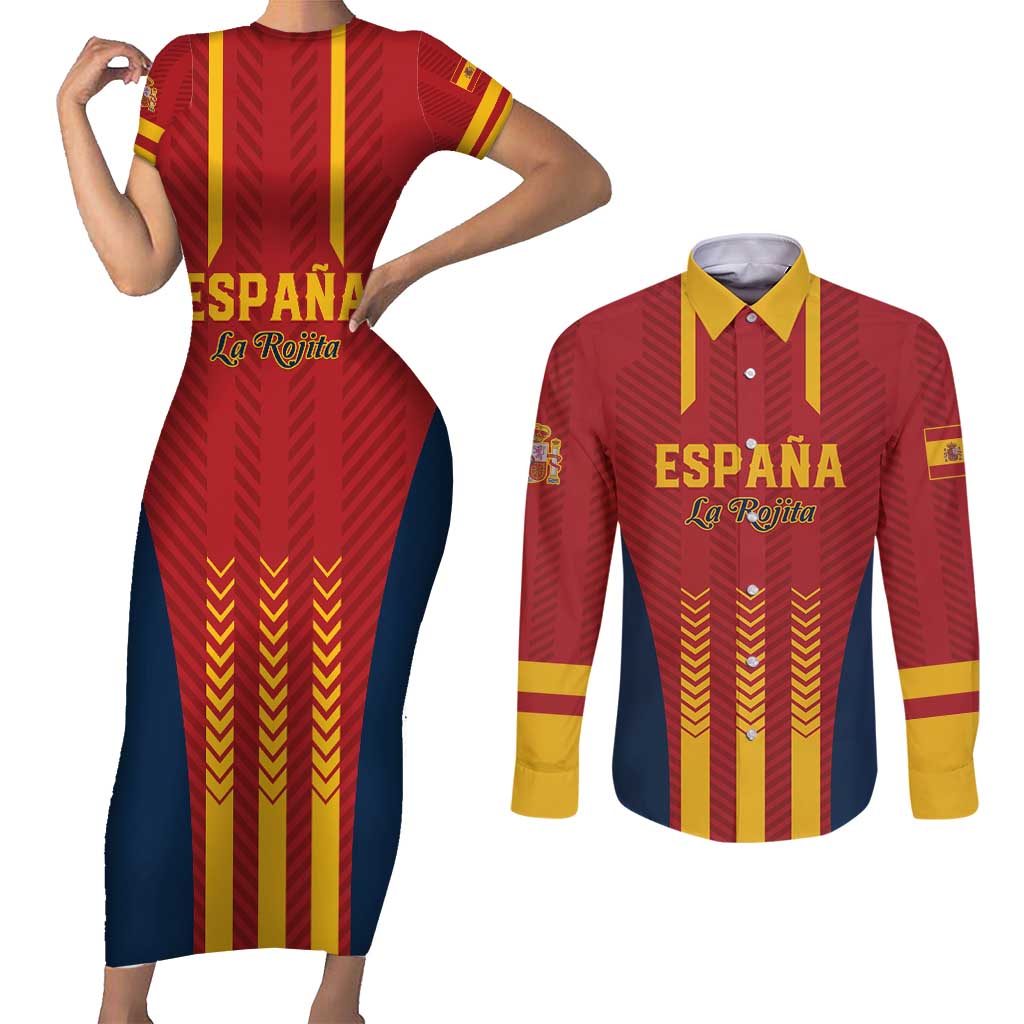 Custom Spain Football Couples Matching Short Sleeve Bodycon Dress and Long Sleeve Button Shirt Go La Rojita - Wonder Print Shop