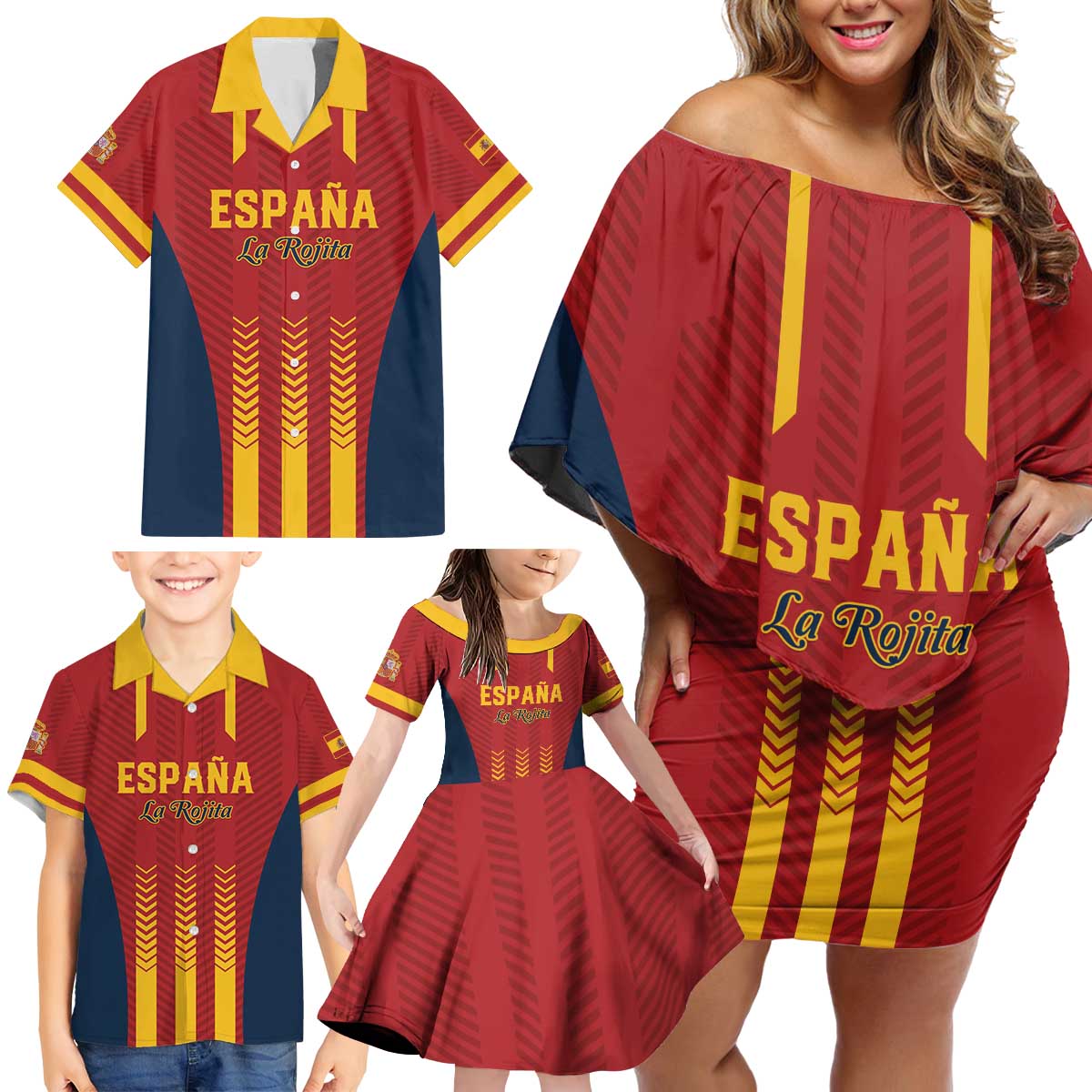 Custom Spain Football Family Matching Off Shoulder Short Dress and Hawaiian Shirt Go La Rojita - Wonder Print Shop