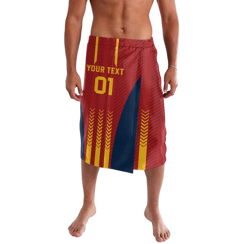Red football shorts with "YOUR TEXT 01", yellow chevrons, central vertical blue panel