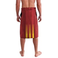 Red football shorts with elastic waist, yellow chevrons, blue side panel and trim