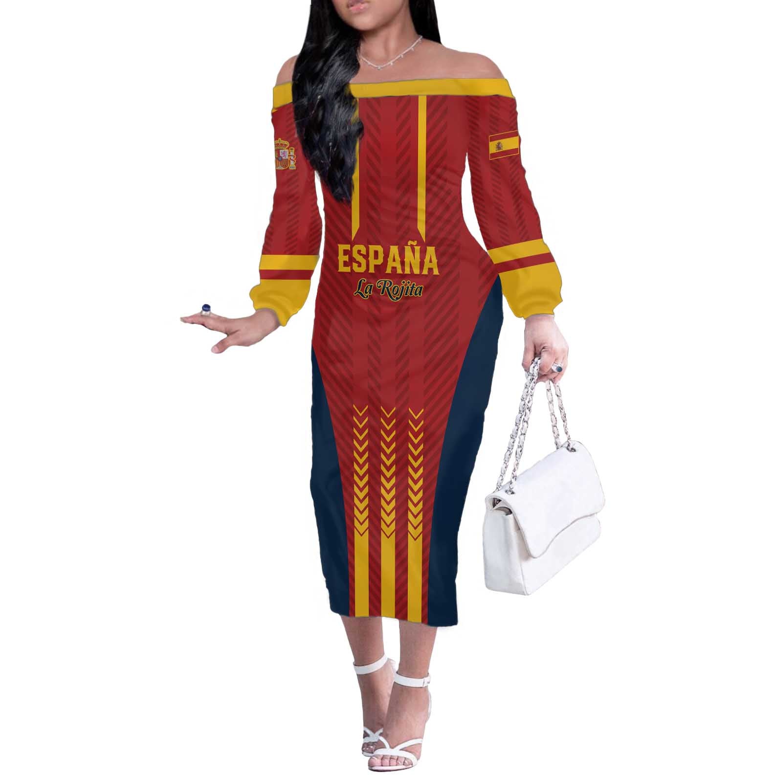 Custom Spain Football Off The Shoulder Long Sleeve Dress Go La Rojita - Wonder Print Shop