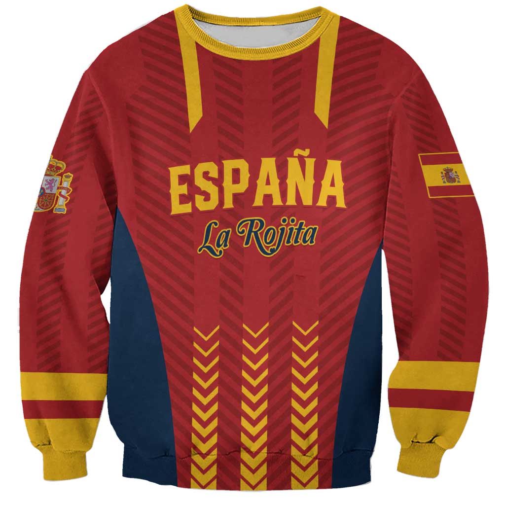 Spain football sweatshirt in red with yellow trim, navy side panels, and Spain graphics