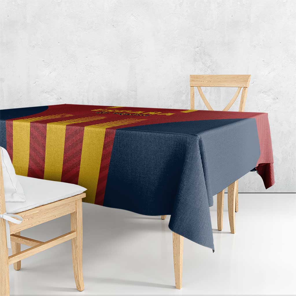 Spain football tablecloth with navy edge and red-yellow stripe center on rectangular table.