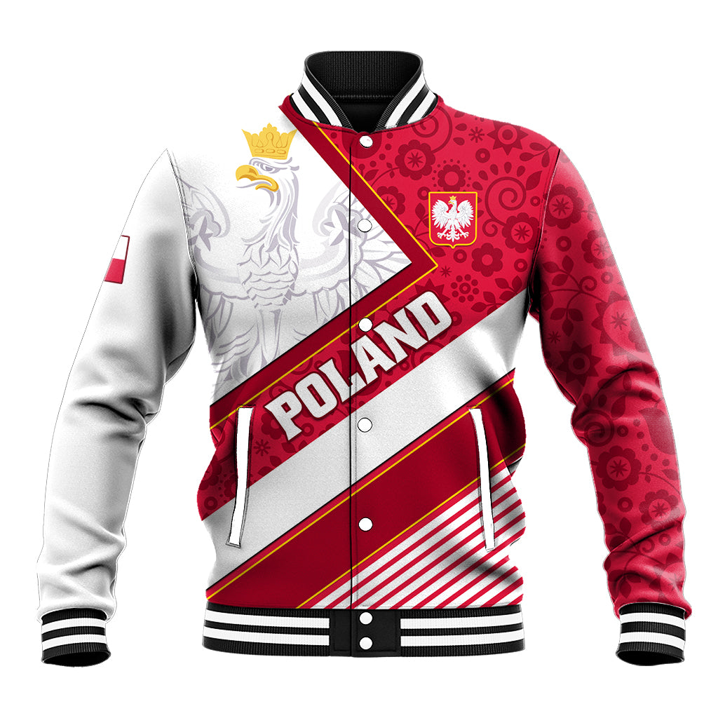 Red and white baseball jacket with eagle graphic, Polska stripe panel, ribbed collar