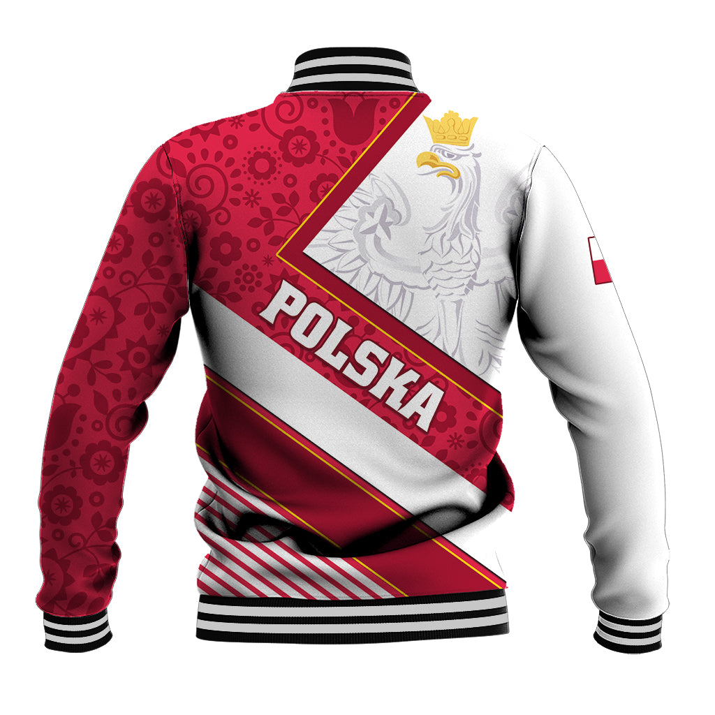 Red and white baseball jacket back with Polska stripe, white eagle emblem, striped trim