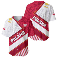 Two red and white Poland baseball jerseys with Polska lettering and eagle crest, collared