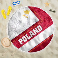 Round beach blanket, fringed edge, red and white Poland eagle floral design