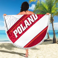 Round beach blanket, fringed edge, red and white POLAND eagle banner design