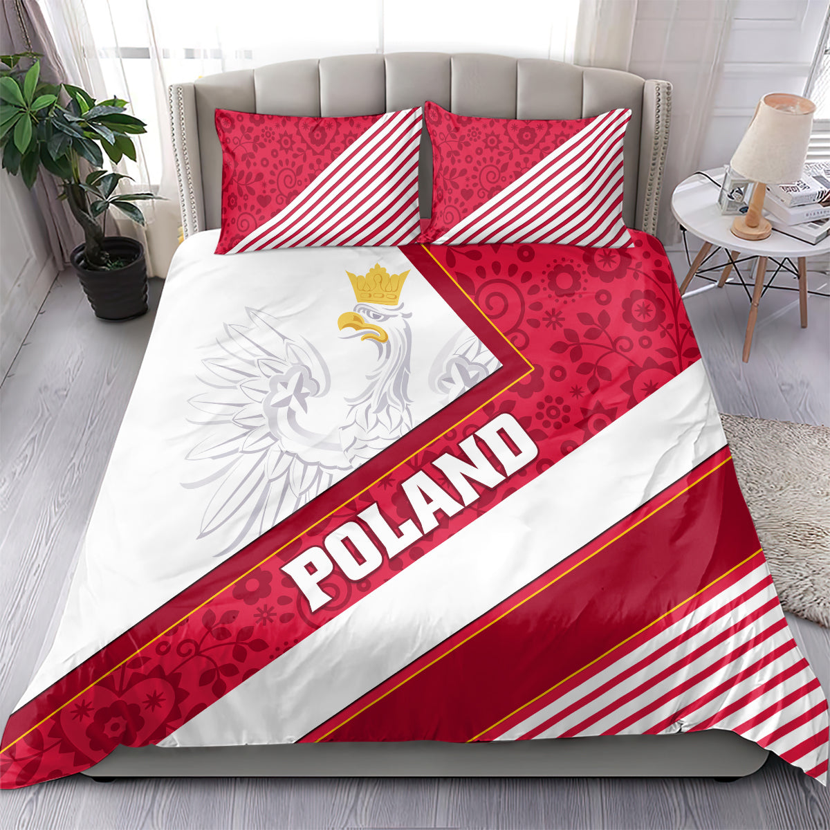 Poland bedding set: two red patterned pillows, white duvet with eagle crest and 'POLAND' text band