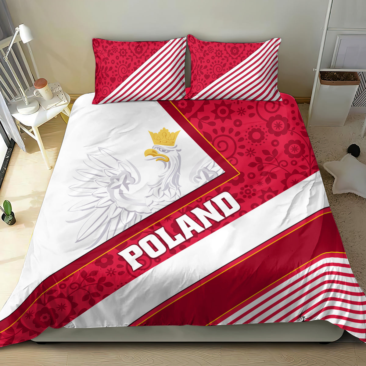 Poland bedding set: red patterned pillows, white duvet with gold eagle emblem and 'POLAND' stripe