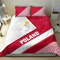 Poland bedding set: red patterned pillows, white duvet with gold eagle emblem and 'POLAND' stripe