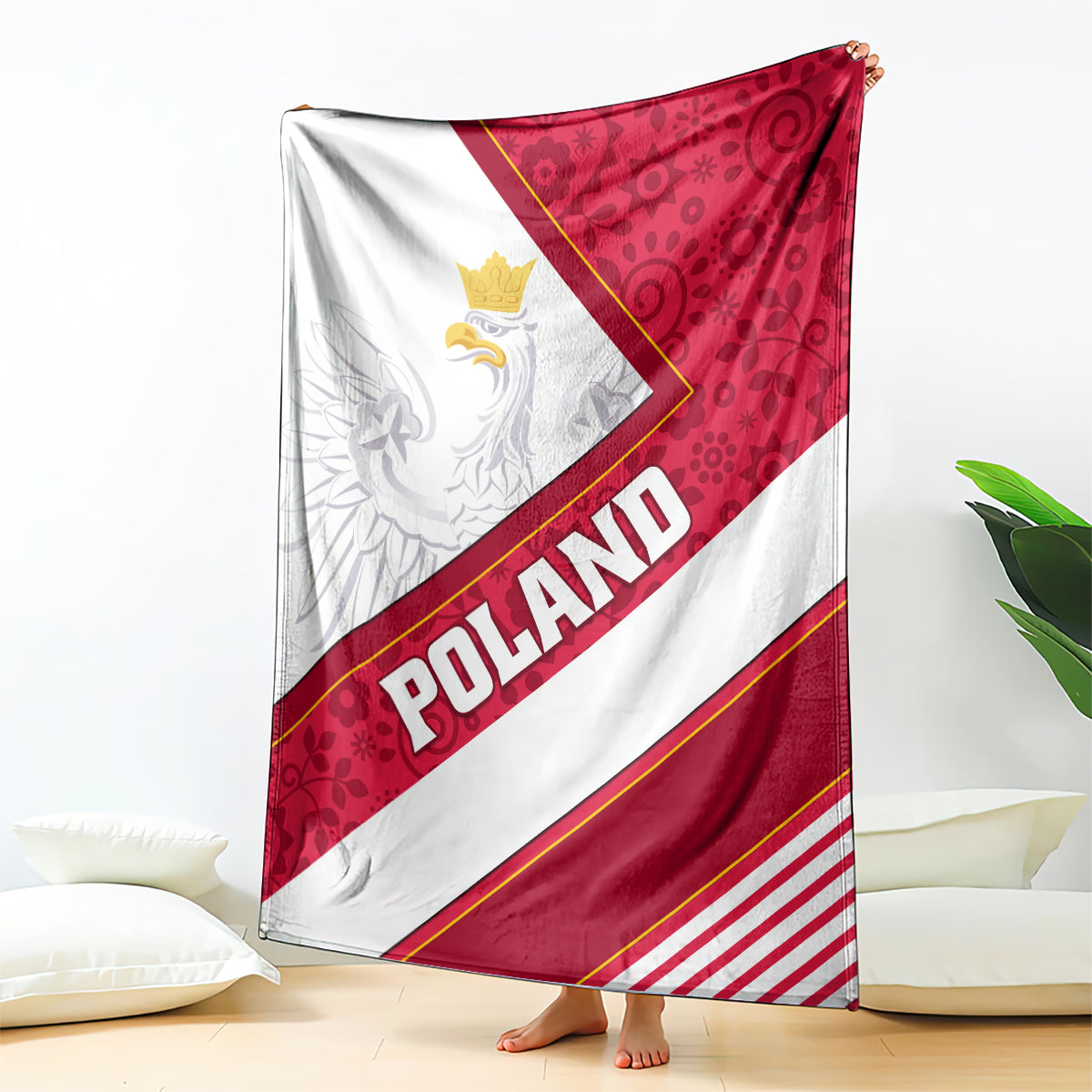 Red and white Poland eagle blanket spread on floor, crest and diagonal POLAND lettering
