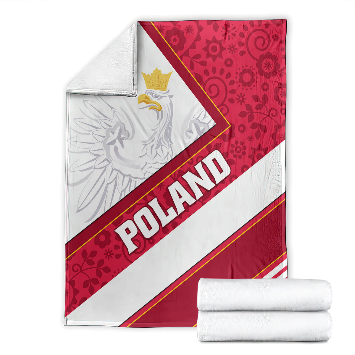 Folded red and white Poland eagle blanket with crest, floral motifs, and POLAND text