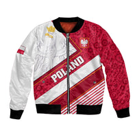 Red and white bomber jacket with zip front, ribbed cuffs, Polish eagle and floral graphic