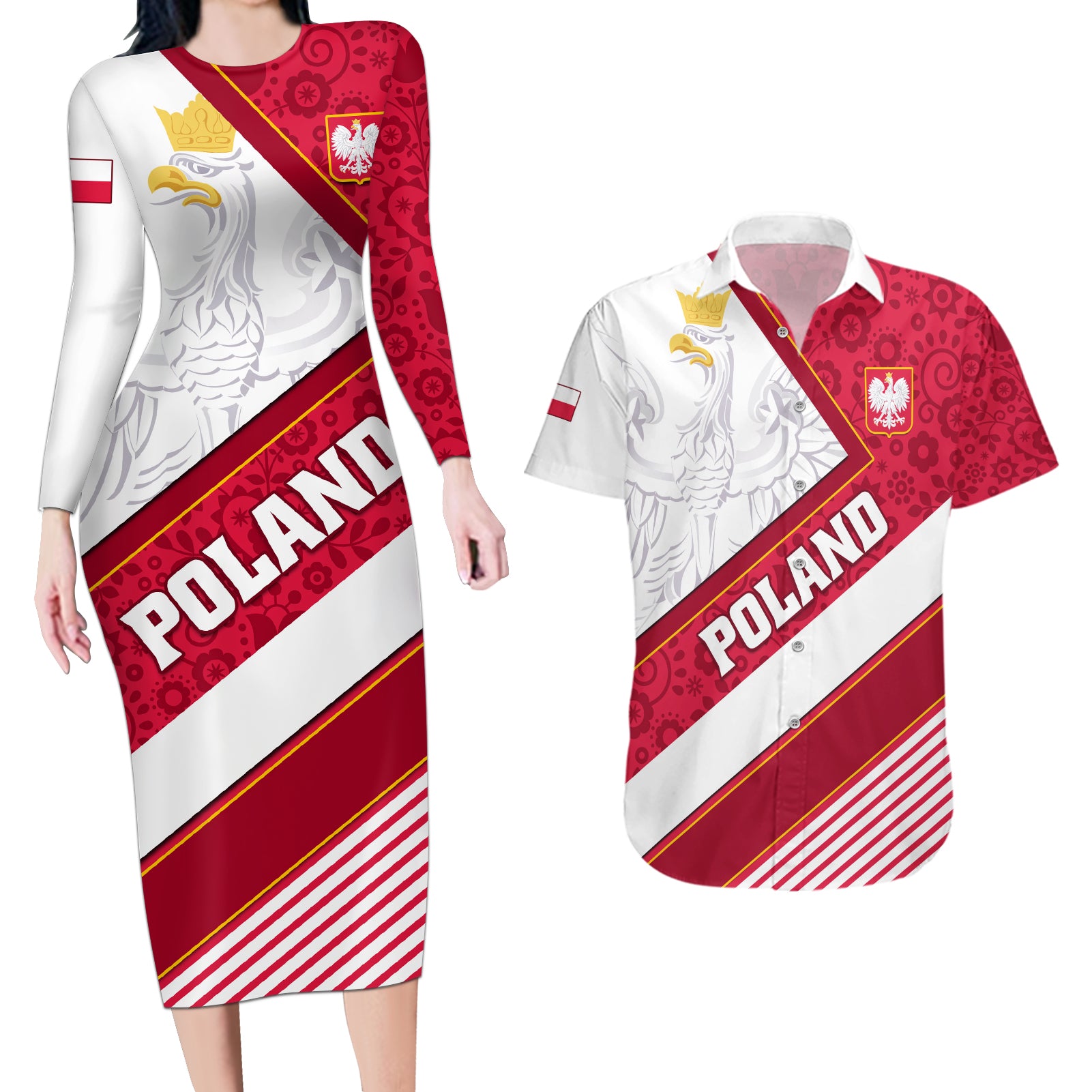 Poland Independence Day Couples Matching Long Sleeve Bodycon Dress and Hawaiian Shirt Polska White Eagle Polish Floral Pattern - Wonder Print Shop