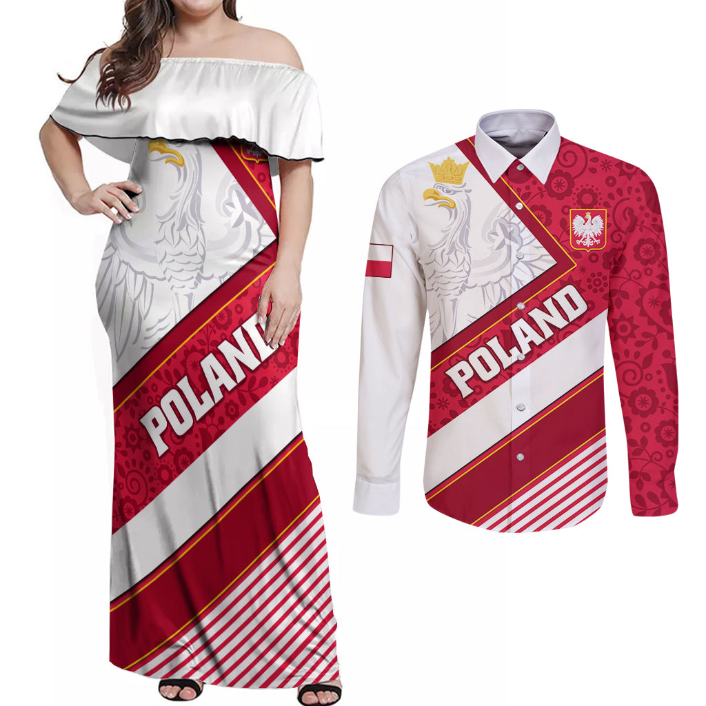 Poland Independence Day Couples Matching Off Shoulder Maxi Dress and Long Sleeve Button Shirts Polska White Eagle Polish Floral Pattern - Wonder Print Shop