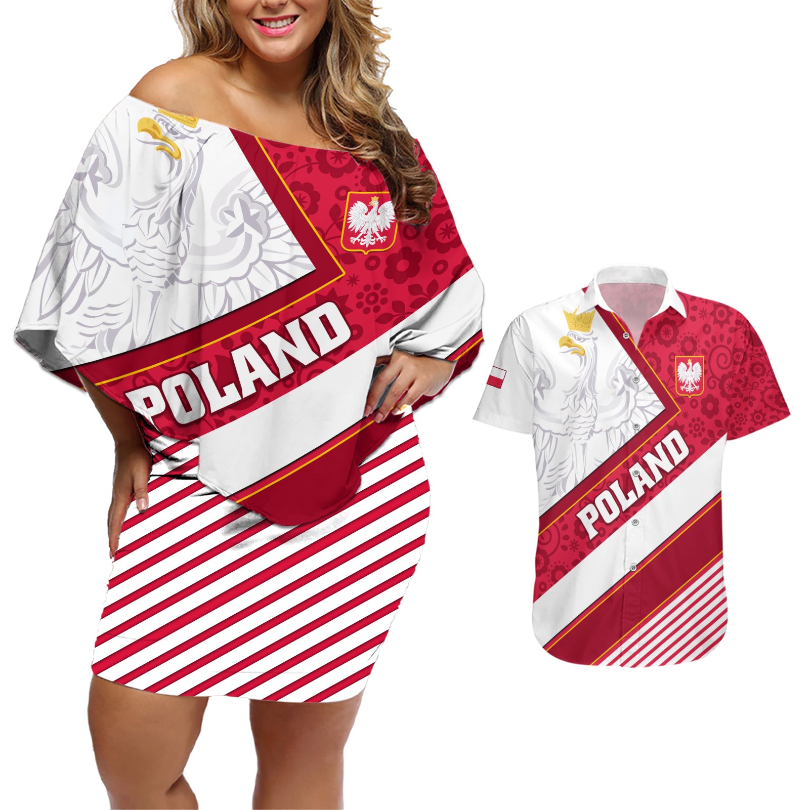 Poland Independence Day Couples Matching Off Shoulder Short Dress and Hawaiian Shirt Polska White Eagle Polish Floral Pattern - Wonder Print Shop