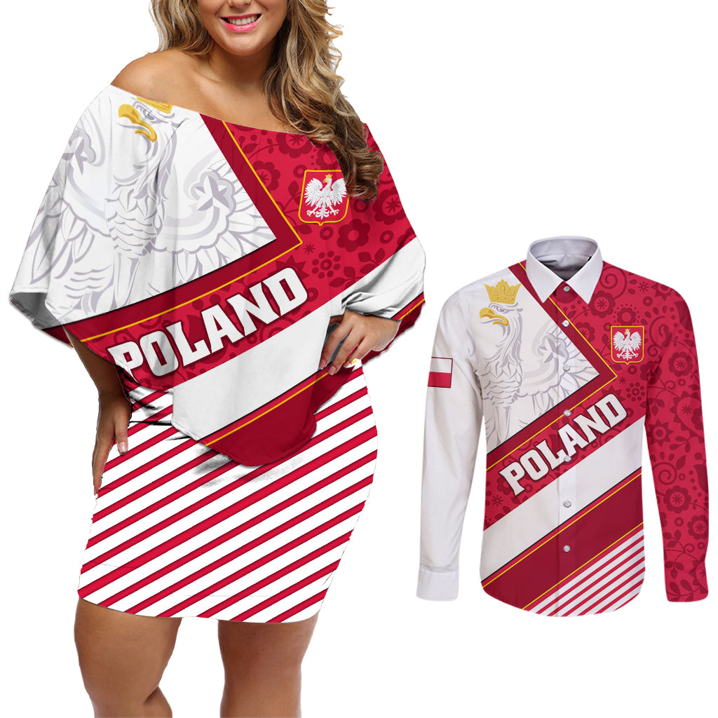 Poland Independence Day Couples Matching Off Shoulder Short Dress and Long Sleeve Button Shirts Polska White Eagle Polish Floral Pattern - Wonder Print Shop