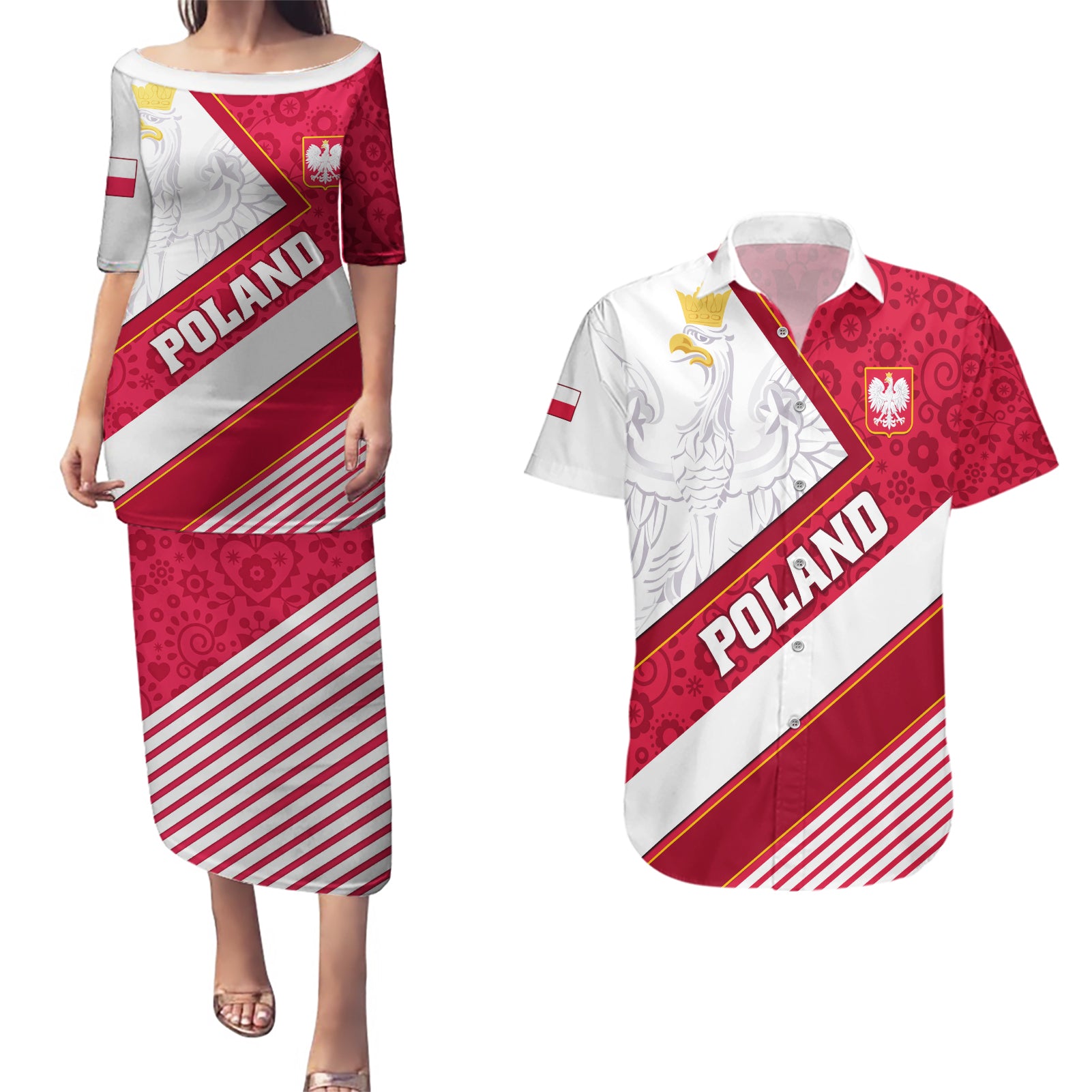 Poland Independence Day Couples Matching Puletasi Dress and Hawaiian Shirt Polska White Eagle Polish Floral Pattern - Wonder Print Shop