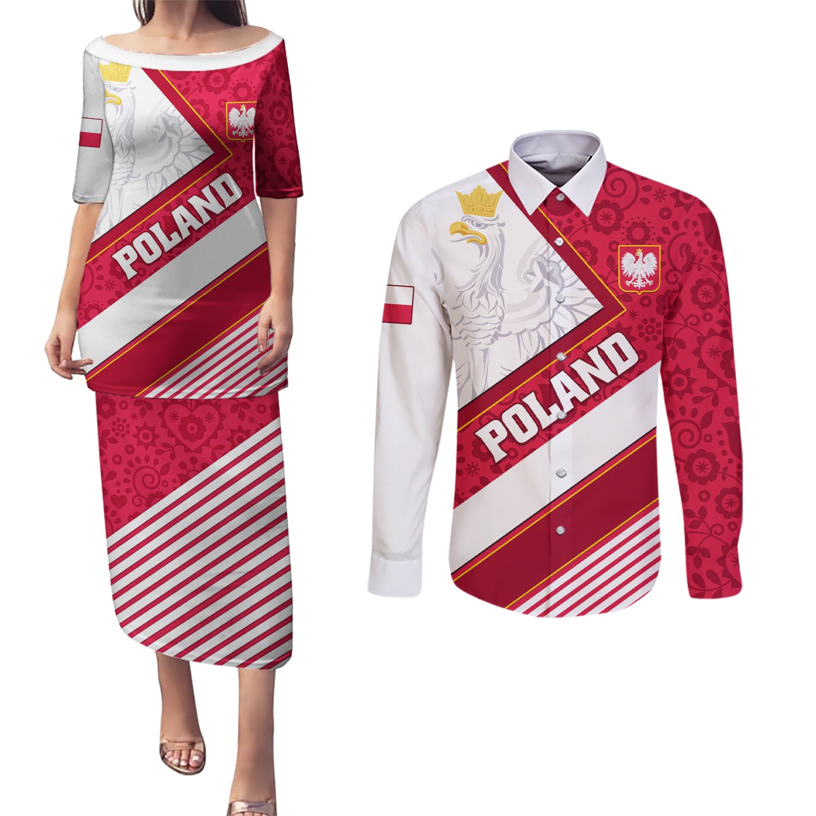 Poland Independence Day Couples Matching Puletasi Dress and Long Sleeve Button Shirts Polska White Eagle Polish Floral Pattern - Wonder Print Shop