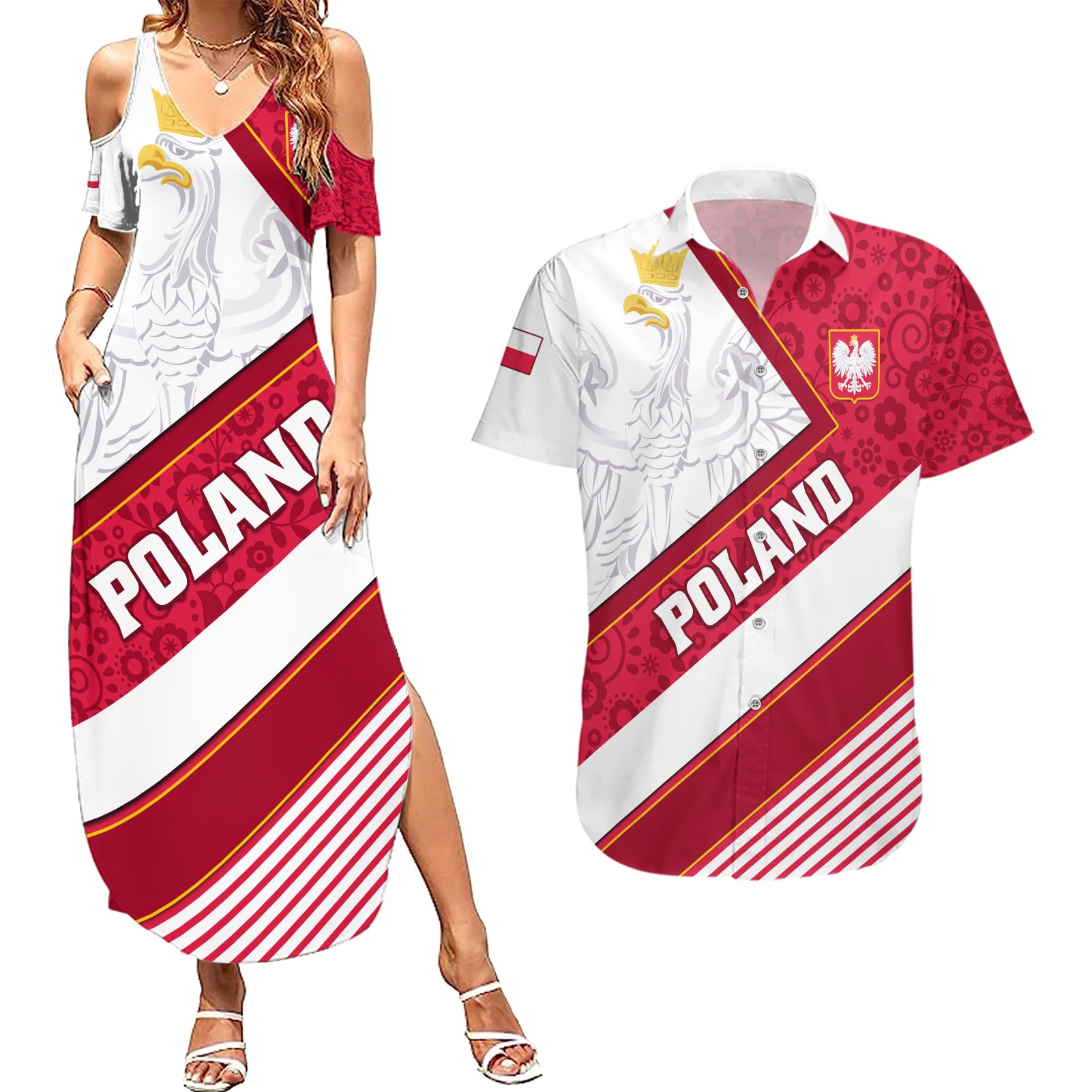 Poland Independence Day Couples Matching Summer Maxi Dress and Hawaiian Shirt Polska White Eagle Polish Floral Pattern - Wonder Print Shop