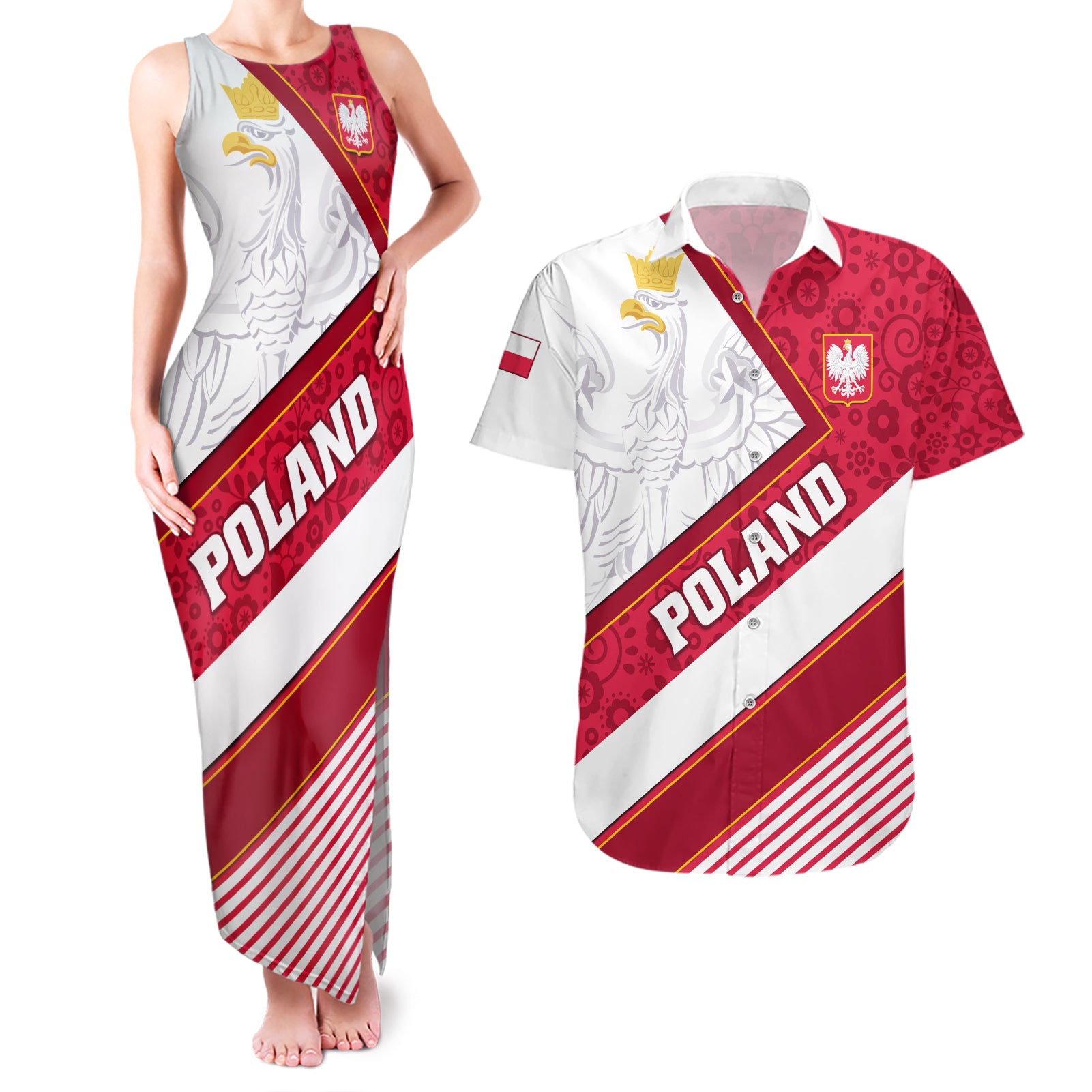 Poland Independence Day Couples Matching Tank Maxi Dress and Hawaiian Shirt Polska White Eagle Polish Floral Pattern - Wonder Print Shop