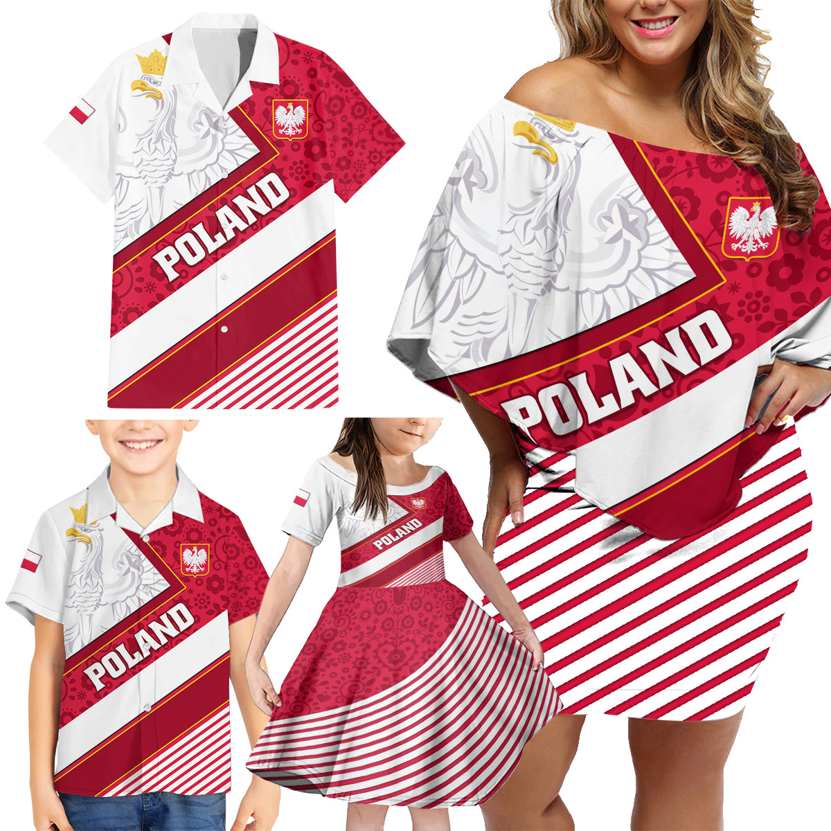 Poland Independence Day Family Matching Off Shoulder Short Dress and Hawaiian Shirt Polska White Eagle Polish Floral Pattern - Wonder Print Shop