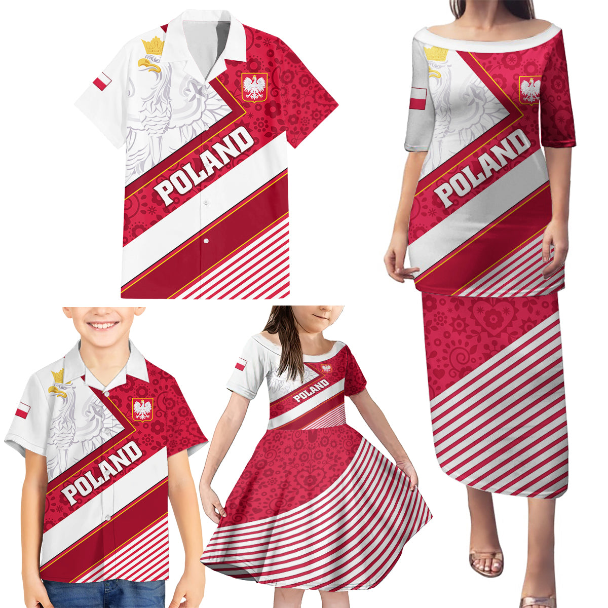 Poland Independence Day Family Matching Puletasi Dress and Hawaiian Shirt Polska White Eagle Polish Floral Pattern - Wonder Print Shop