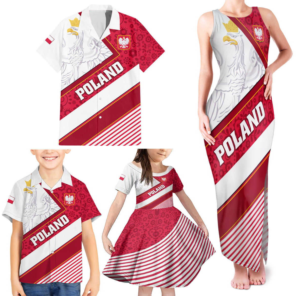 Poland Independence Day Family Matching Tank Maxi Dress and Hawaiian Shirt Polska White Eagle Polish Floral Pattern - Wonder Print Shop