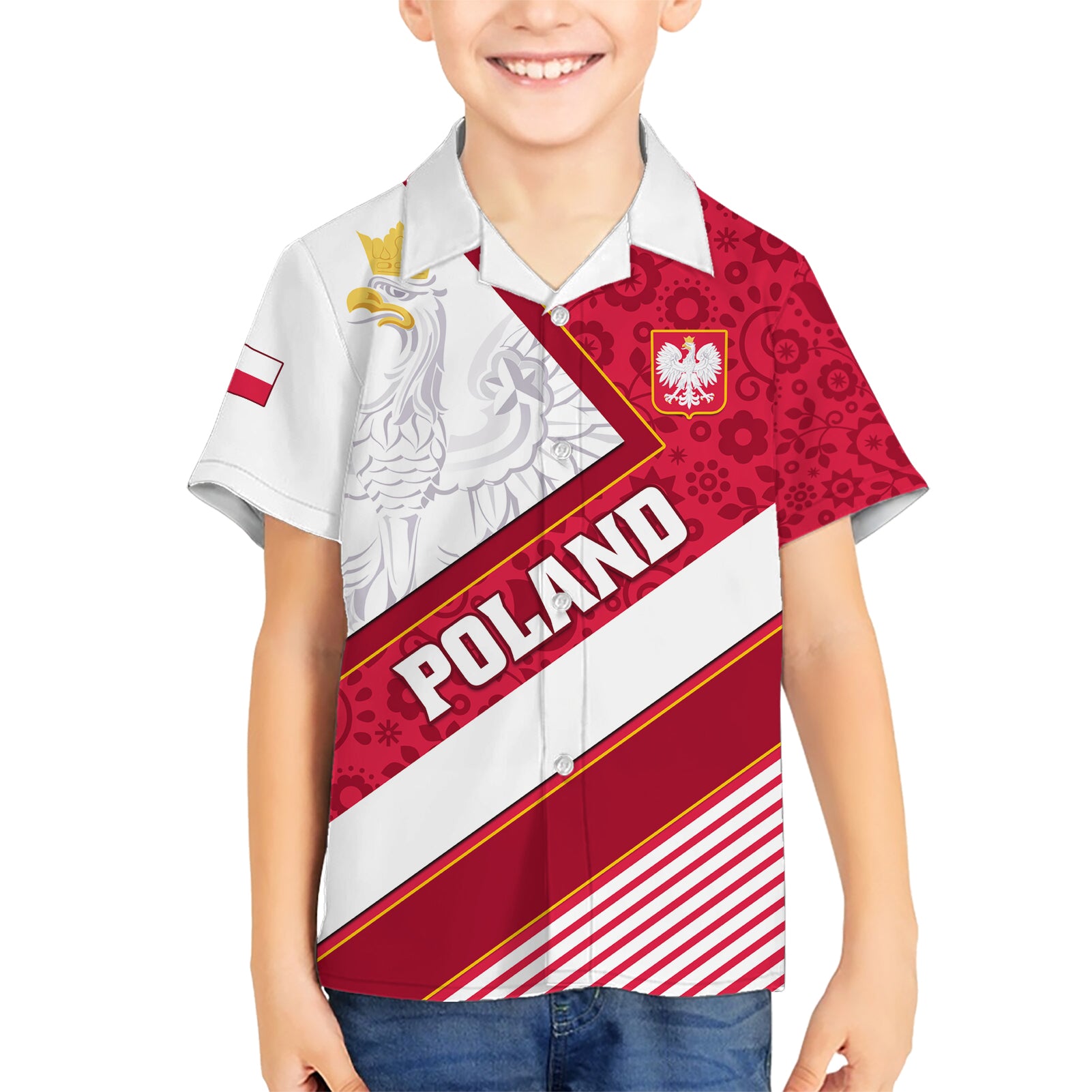 Poland Independence Day Kid Hawaiian Shirt Polska White Eagle Polish Floral Pattern - Wonder Print Shop