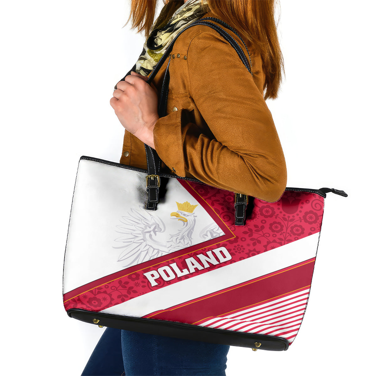 Poland Independence Day Leather Tote Bag Polska White Eagle Polish Floral Pattern - Wonder Print Shop