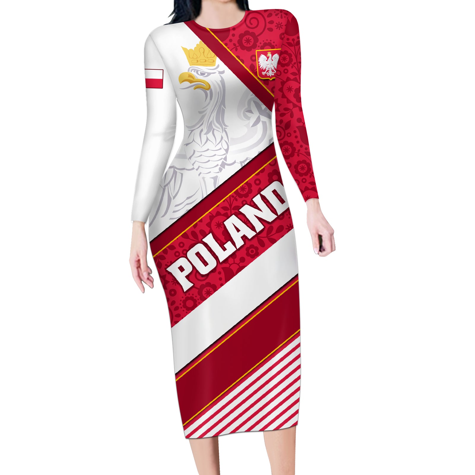 Poland Independence Day Long Sleeve Bodycon Dress Polska White Eagle Polish Floral Pattern - Wonder Print Shop