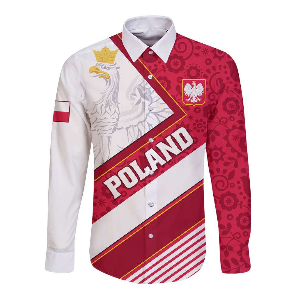 Long-sleeve button shirt with red and white 'POLSKA' diagonal flag print