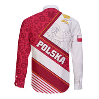 Long-sleeve button shirt, red back panel with 'POLSKA' text and eagle graphic
