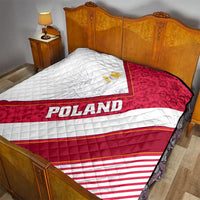 Poland flag quilt on bed, red and white stripes with POLAND lettering and quilted texture